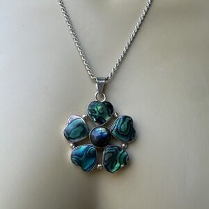 VTG Pendant Necklace 17 Inch Abalone Labradorite Flower Italy 925 Sterling 24.1g